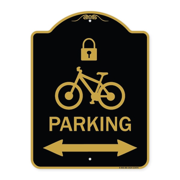 Parking W/ Lock Cycle & Bidirectional Arrow, Black & Gold Aluminum Sign, 18" x 24", BG-1824-23475